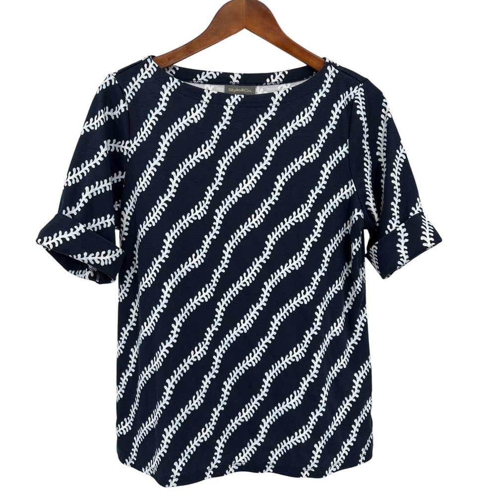 Style & Co Knit Top Cotton Stretch Short Sleeve Navy Blue Coral Print Size Large